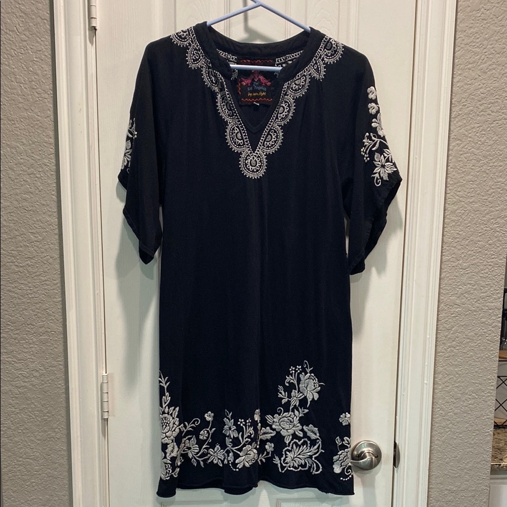 Johnny Was Black Dress with White Embroidery